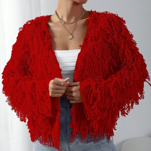 Red Casual Women's Fringe detailed Versatile Long Sleeve knit sweater Cardigan - Picture 5 of 6